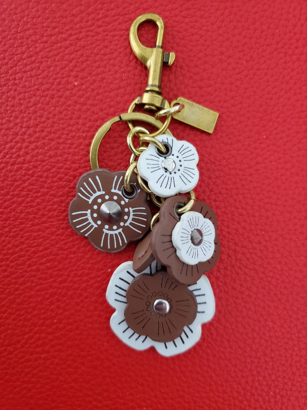 Flower Charm Keychain in Brown & White with Gold Hardware